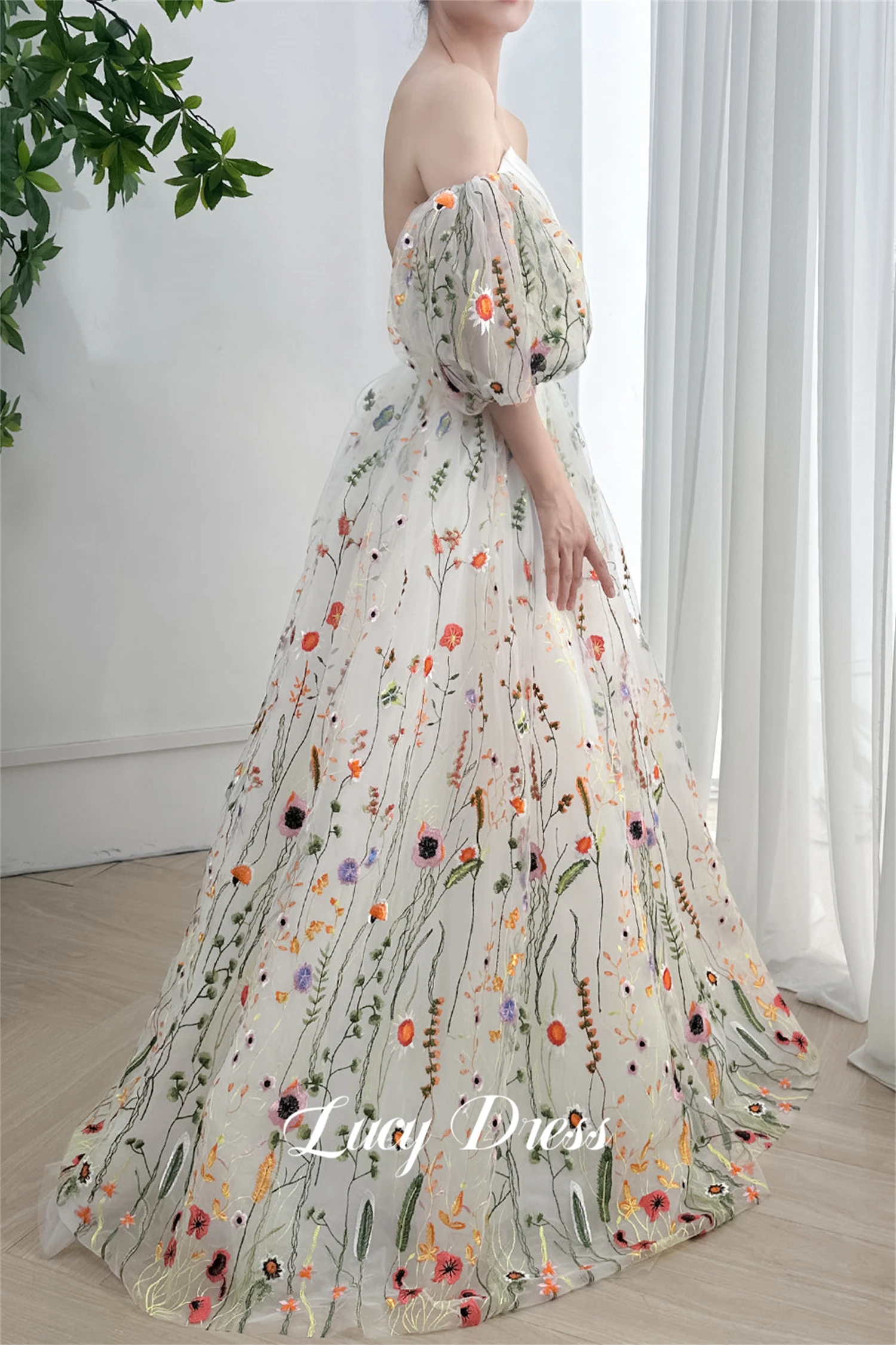 Lucy Line A Evening Dress Graduation Gown Wedding Party Puff Sleeves Floral Fabric Prom Dresses 2024 Elegant Woman Sharon Happy