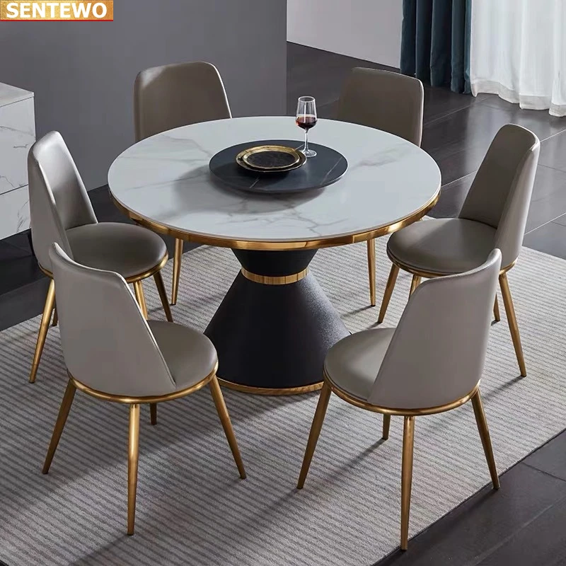 Designer Luxury round Marble Rock Slab dining table set 6 chairs tavolo pranzo furniture meuble marbre Stainless steel gold base