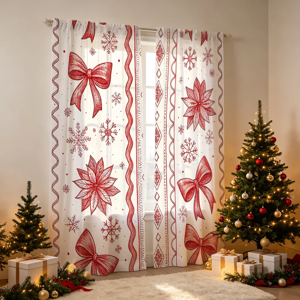 2PCS Christmas Curtains, Red line art bow poinsettia Print, Bedroom Living Room Window Drapes, Rod Pocket Polyester, Home Decor