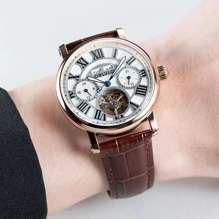 OBLVLO Мужские автоматические часы 42 мм Механические наручные часы Светящийся скелетонизированный циферблат Сапфировый римский номер Месяц, тиждень, дата, 24 часа