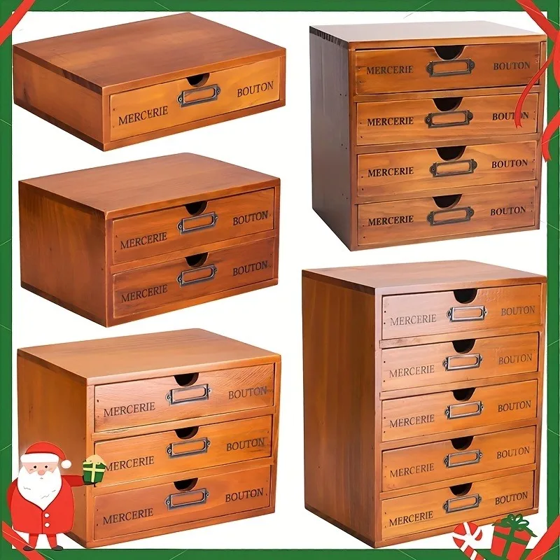 PGY Vintage Brown Multi Layer Desktop Storage Box Organizer Drawer Type Pine Wood Desk Large Storage Box Office Home Organizer