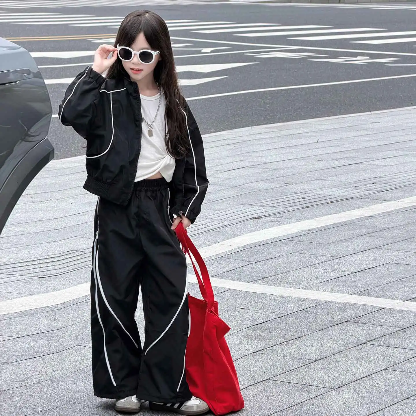 autumn teen girls sport clothes suit zipper jacket+wide-leg pants 2pcs junior kids sweatsuit suit 4-14 child outfits clothing