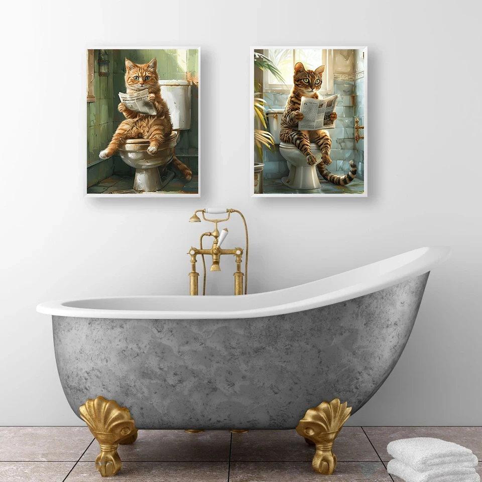 Animal on The Toilet and Reading Newspaper Poster Funny Cute Cat Bathroom Canvas Painting Wall Art for Room Lavatory Home Decor