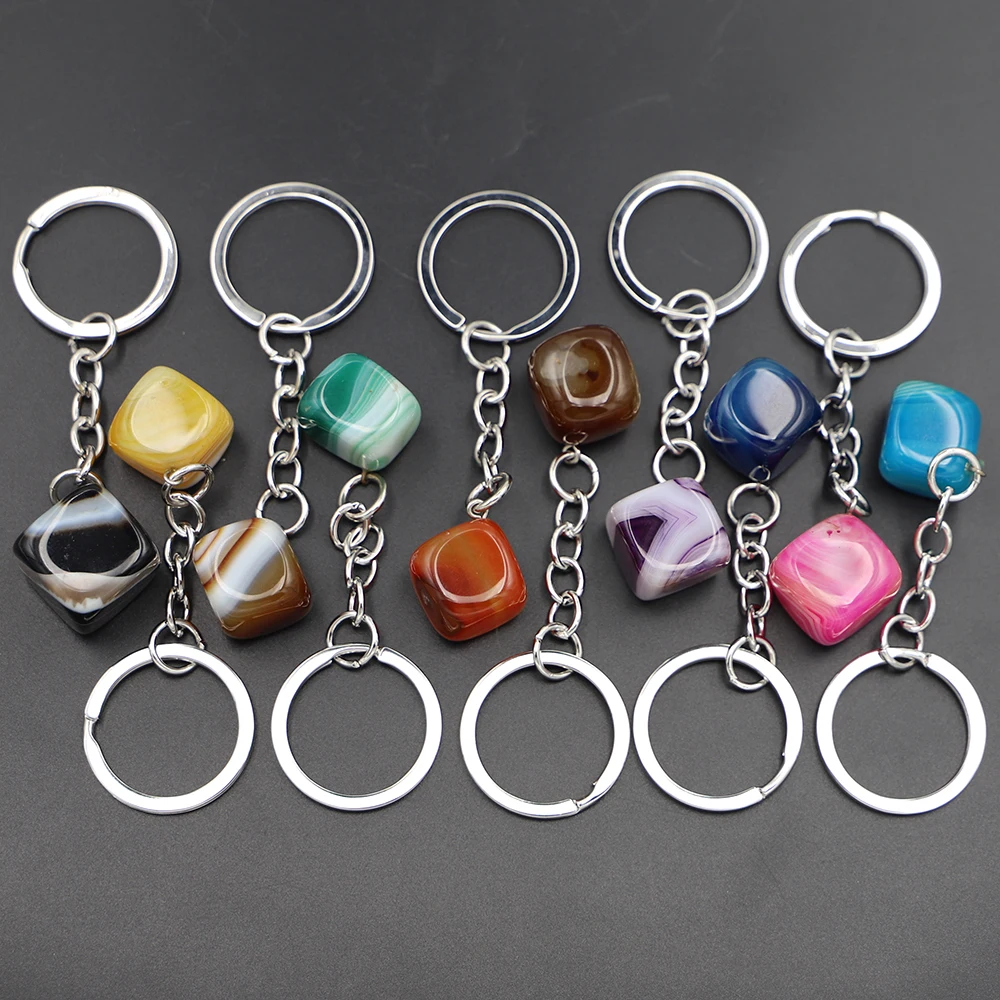 New Natural Polished Agate Crystal Stone Keychain Geometry Charm Bag With Keyring Decoration Car Key Pendant DIY Accessories 6Pc