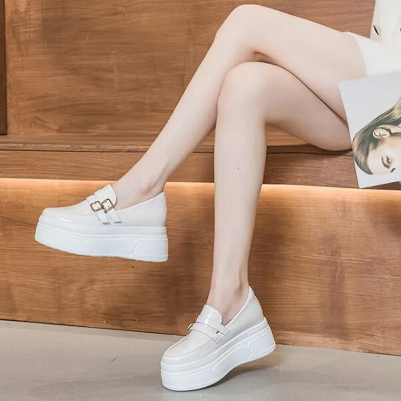 Fashion 8CM 2026 Patent PU Synthetic Leather Platform Wedge Chunky Sneakers Boots Well-fitting Women Spring Autumn Student Shoes
