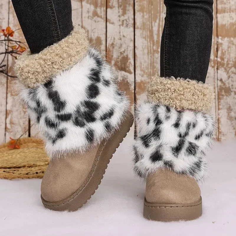 Free Shipping Women Fluffy Leopard Faux Fur Ankle Boots Slip on Thick Sole Cozy Winter Footwear, Customer Favorite