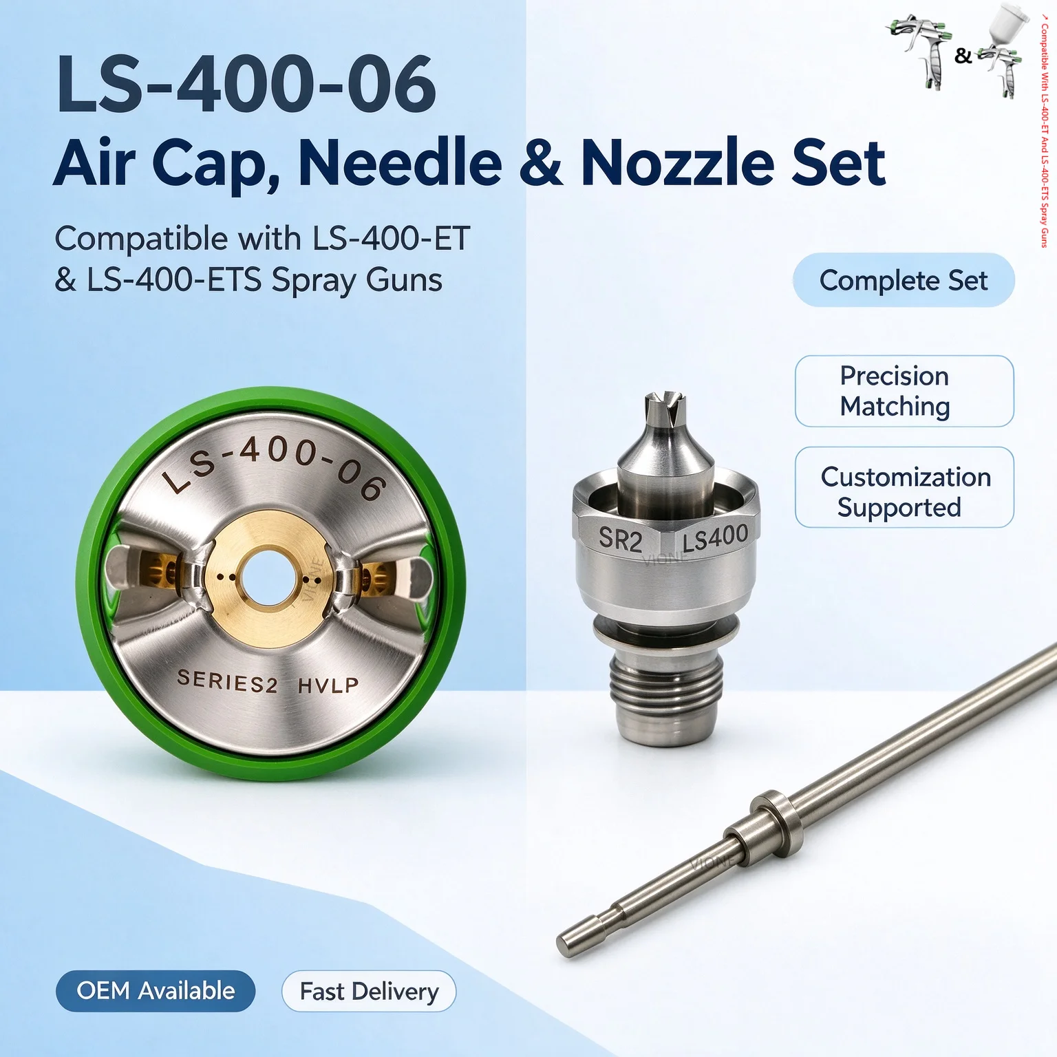 Precision discharge bore Japan LS-400-06 Air Cap, Needle & Nozzle Set Compatible with the LS-400-ET/ETS series High hardness