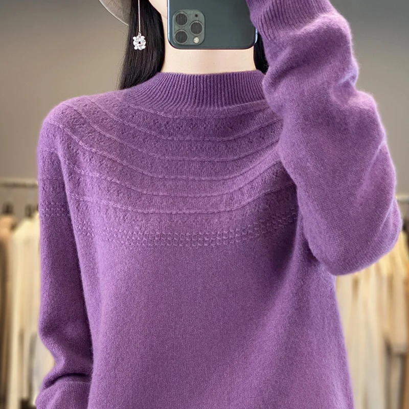 New Cashmere Sweater In Autumn And Winter 100% Pure Wool Women's Semi-High-Necked Knitted Pullover Hollowed-Out Fashion Top