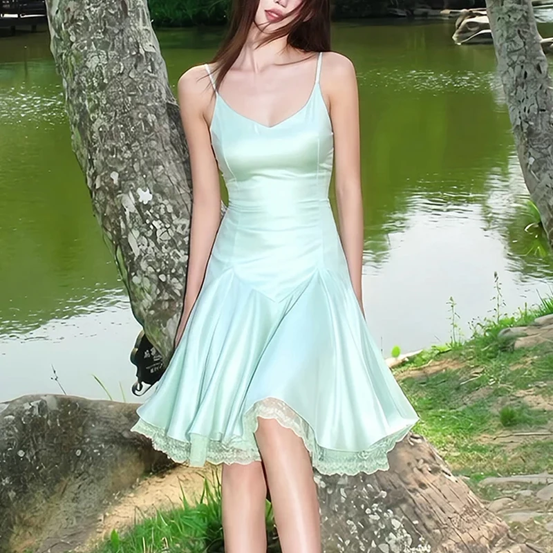 Back Bandage Patchwork Lace Slip Dress Women V-neck A-line Midi Dress Elegant Fashion Sleeveless Tank Dress Ladies Apricot Green