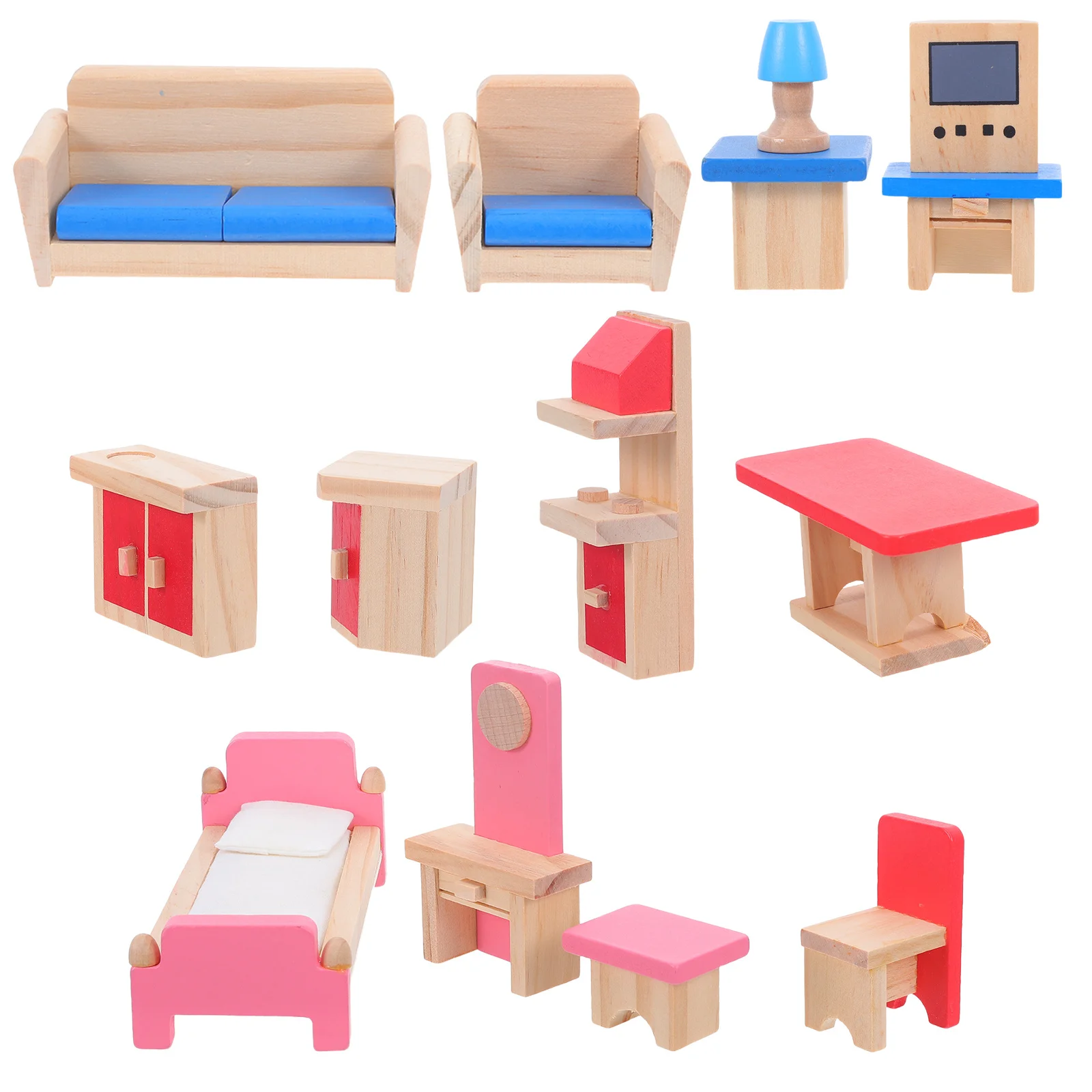 

1Set Children Simulation Furniture Wooden Dollhouse Set Miniature Sofa Wardrobe Tea Table Pretend Play Living Room Accessories
