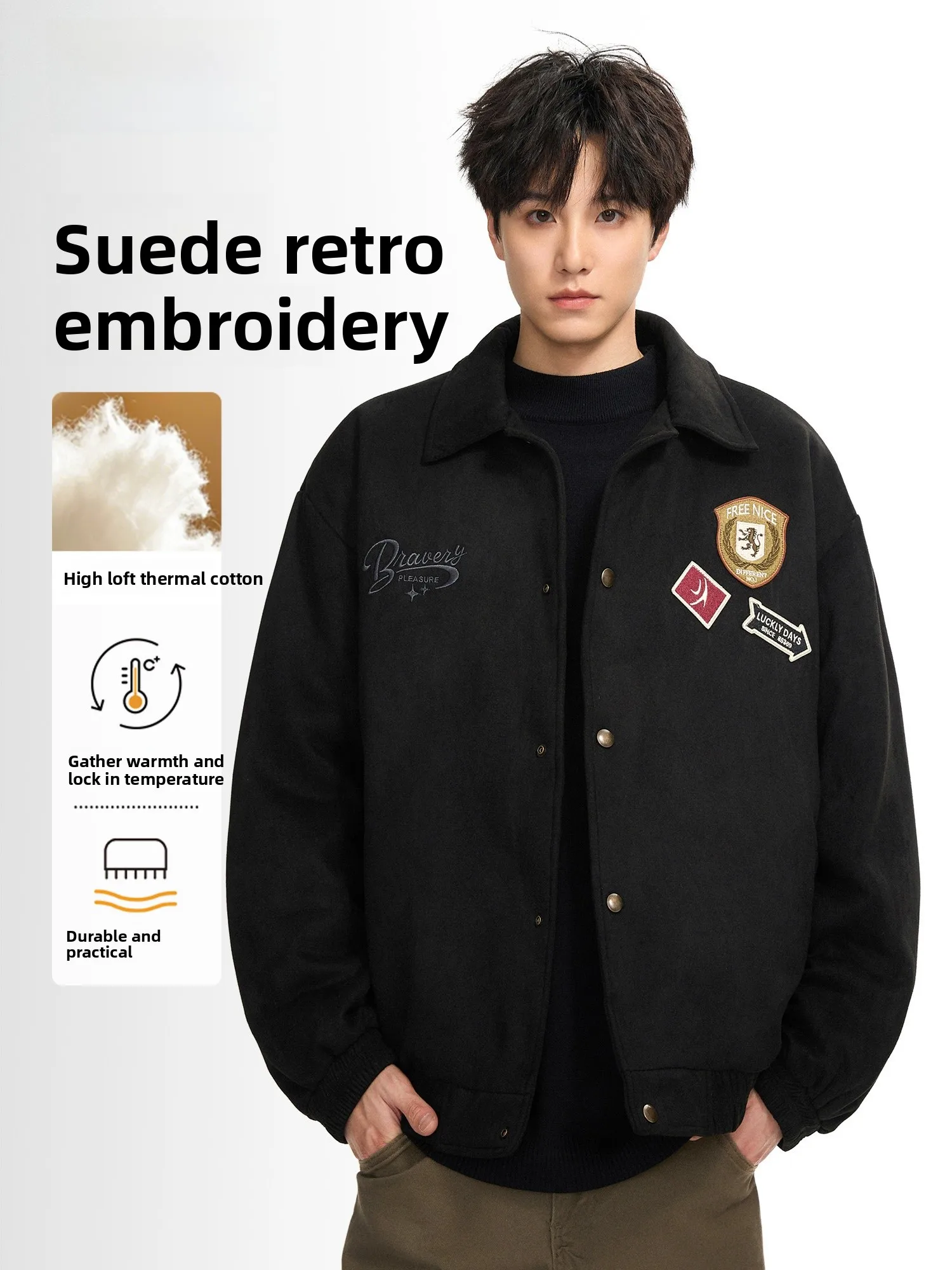 العث متفوقة الأمريكية الرجعية المطرزة القطن Jaet الرجال الخريف الشتاء جديد Sle الجلد المدبوغ ملابس خارجية فضفاضة غير رسمية