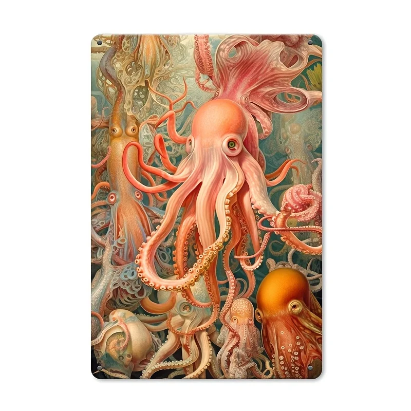 Metal Octopus Wall Art - 8x12 Inch Retro Iron Tentacle Decoration Plaque, Unique Marine Theme Suitable for Bedroom,, Restaurant,