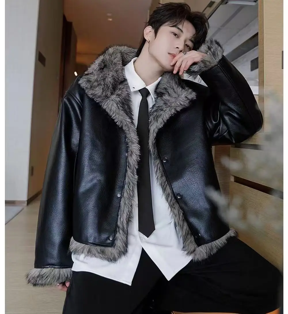 Trendy Cool PU Leather Coat Men's Wnter Thicken Velvet Overwear Motorbike Style Short Loose Warm Jacket Male Casual Overcoat