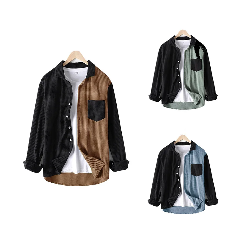 Men’S Weave Loose Long Sleeve Shirt Contrasting Colors Design Casual All-match Button Outdoor Shirt Male Daily Coat