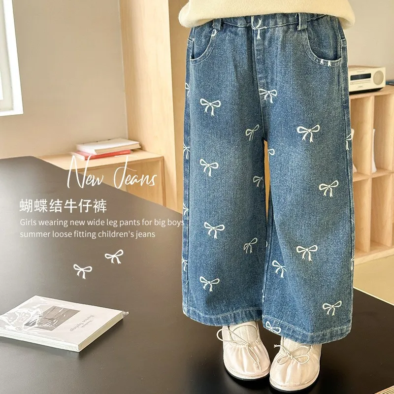 Girls Pants Bow-printed Jeans Wide-leg Straight 2025 Autumn New Women's Medium-sized Children's High Waist Loose