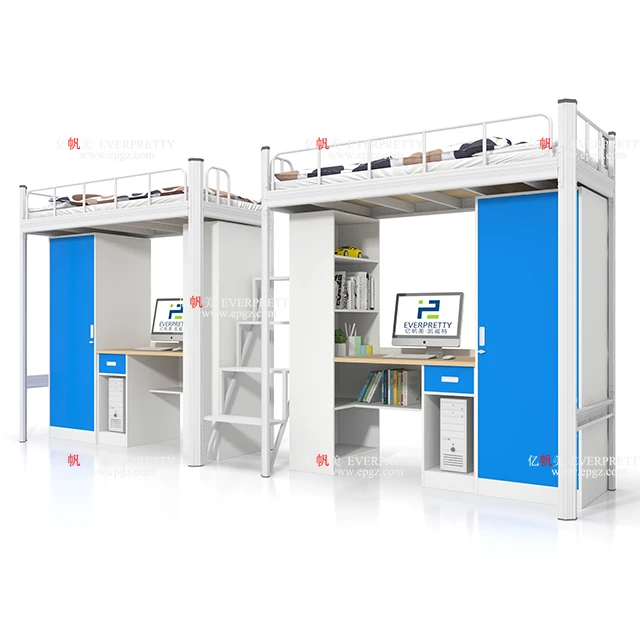 سرير يوث نزل علوي مع طاولة دراسة خشبية سرير معدني بطابقين مع سلم وخزانة ملابس للمبيعات #5