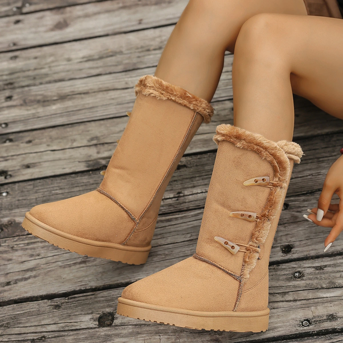 Damen Schneestiefel Winter Halbstiefel Warme Baumwollschuhe Mode Einfarbige Knopf-Stiefel für Damen Braune Lange Stiefel Übergröße 36-42 – Detail 1