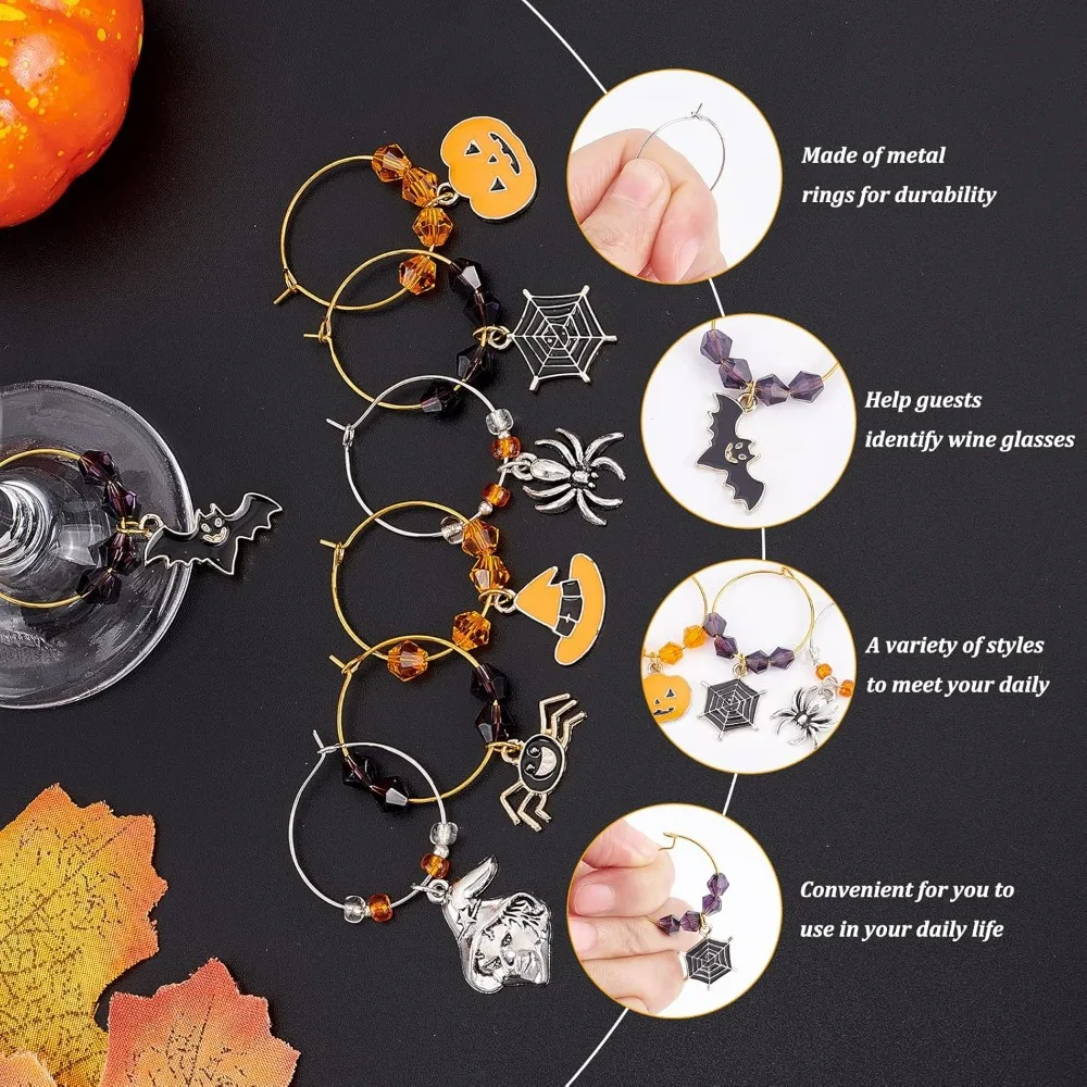 ชุดเครื่องประดับแก้วไวน์ธีมฮาโลวีน 24 ชุด พร้อมจี้ตกแต่ง 12 แบบ และต่างหูห่วงสำหรับค็อกเทล