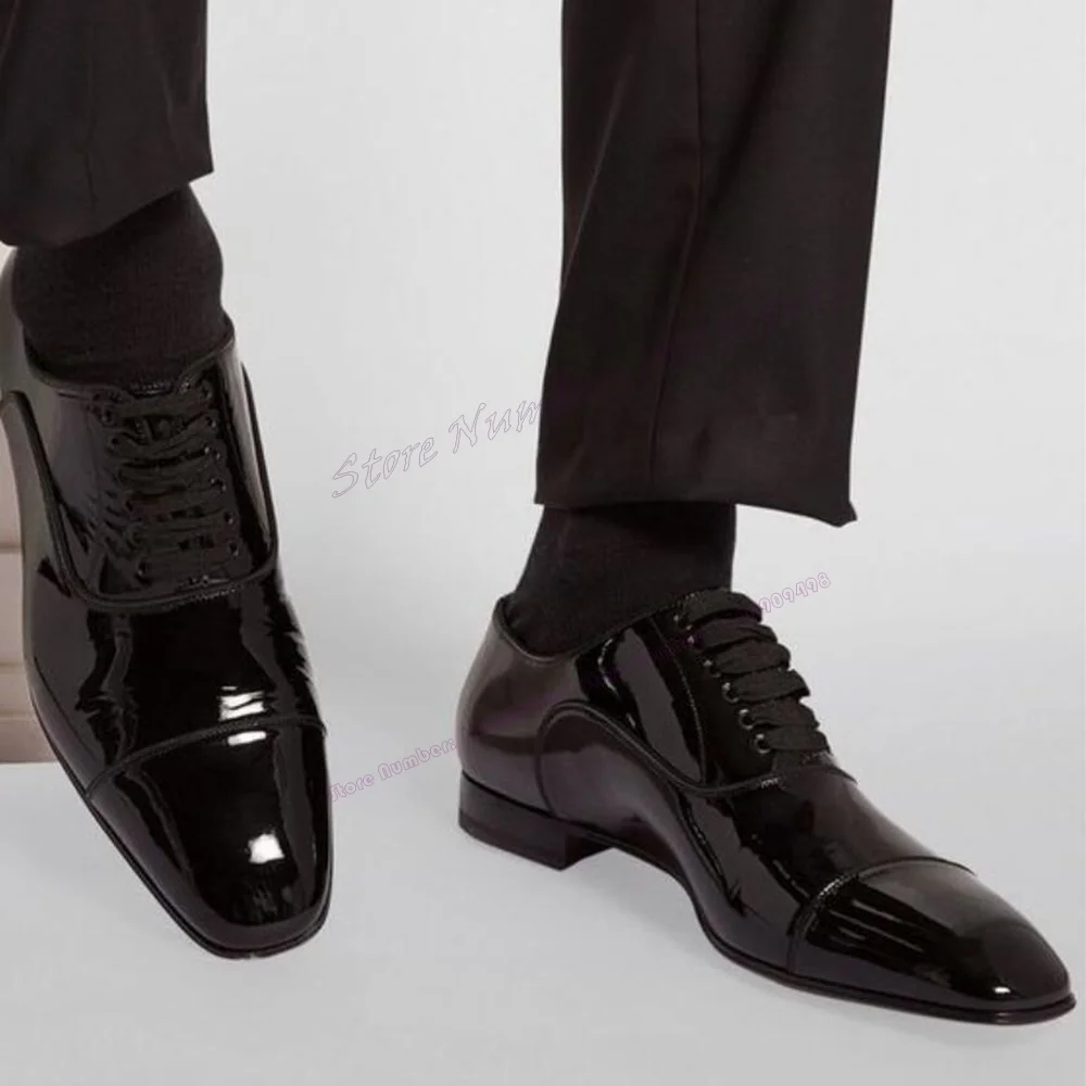 

Black Patent Leather Men's Dress Shoes Lace Up Chunky Heels Business Work Shoes for Men Runway Wedding Party Office Dress Shoes