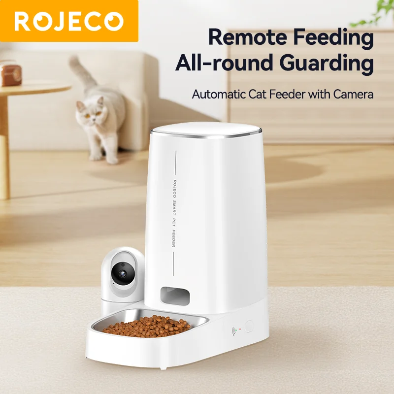 ROJECO 4L Automatic Cat Feeder With Camera Video Cat Food Dispenser WIFI Pet Smart Voice Calling Auto Feeder For Cats Dogs Pet