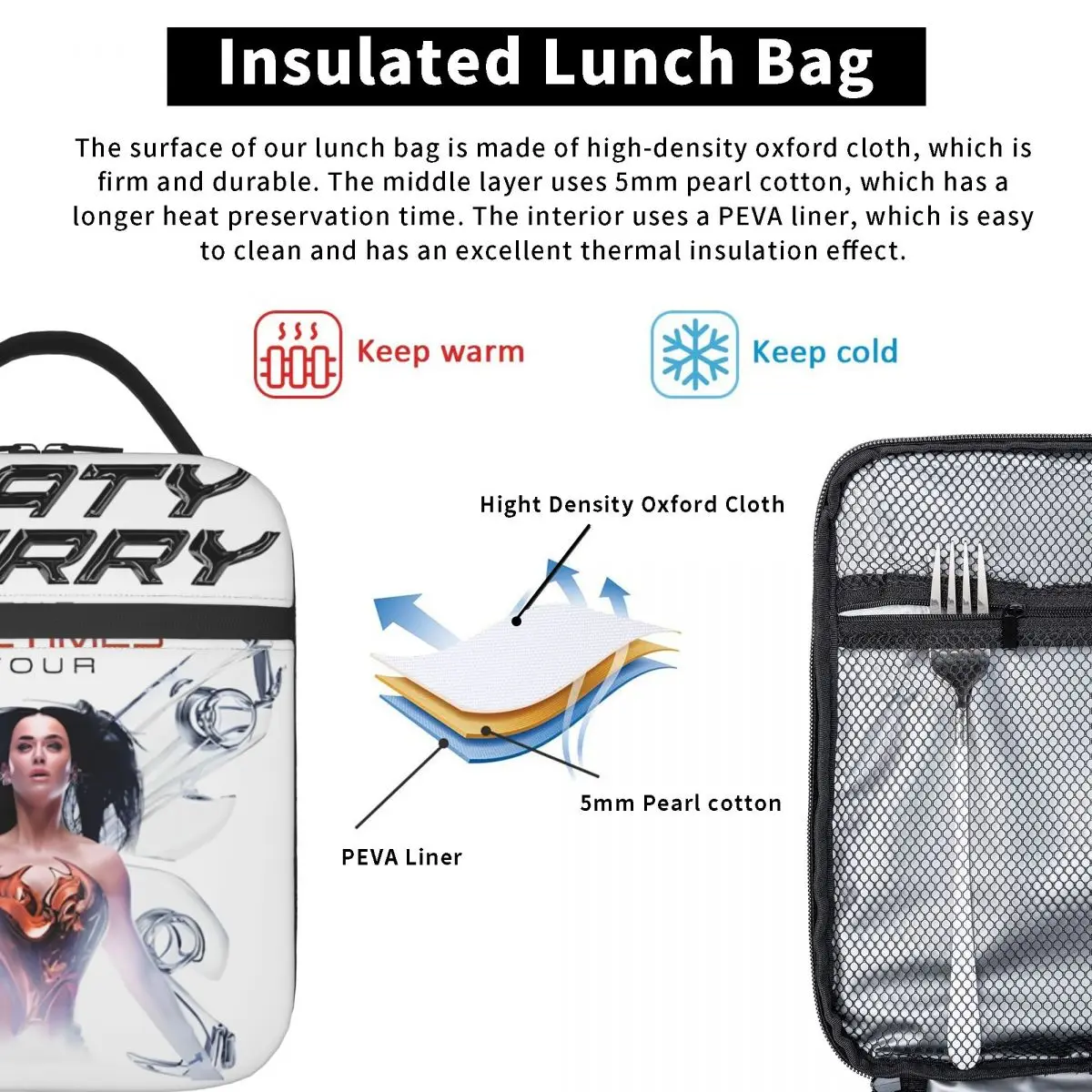 Katyed Logo Perryed The Lifetimes Tour Lunchtasche, Freizeit-Lunchbox, tragbare Tragetasche mit Reißverschluss, Lebensmitteltasche, Oxford-Grafik-Kühltasche