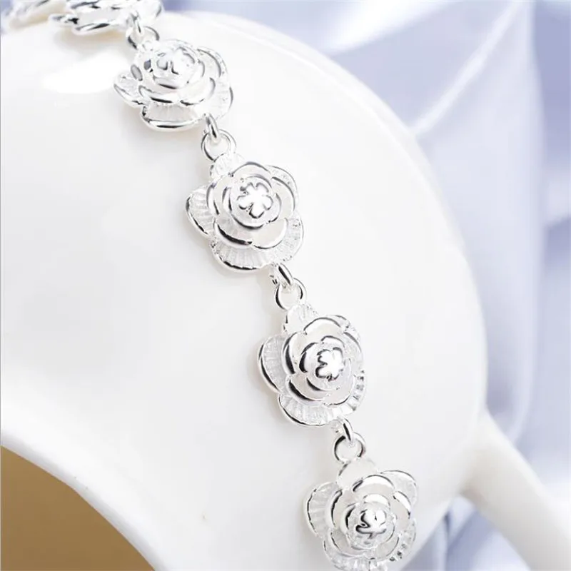 New 925 Sterling Silver Full Rose Flower Chain Bracelet for Women Fashion Pretty Wedding Party Holiday Gift Fine Luxury Jewelry