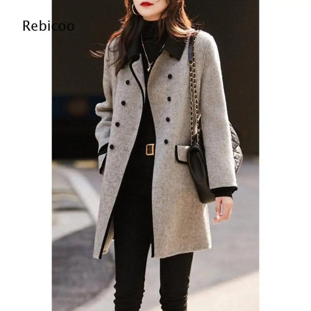 Solid Tone Women Mid Length Outer Coat Contrast Trim Lapel Double Breasted Long Sleeve Loose Silhouette Daily Outer Garment