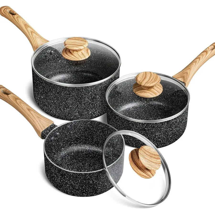 

Набор кастрюль, 3 предмета, антипригарные кастрюли с крышками, 1QT, 2QT, 3QT, черный гранитный камень