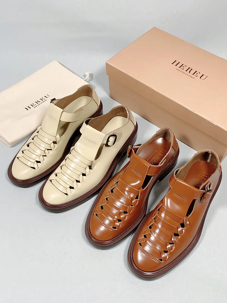 Hereu-Chaussures tressées en cuir véritable pour femmes, escarpins évidés, sandales à essence Mary, sangle en T vintage, printemps