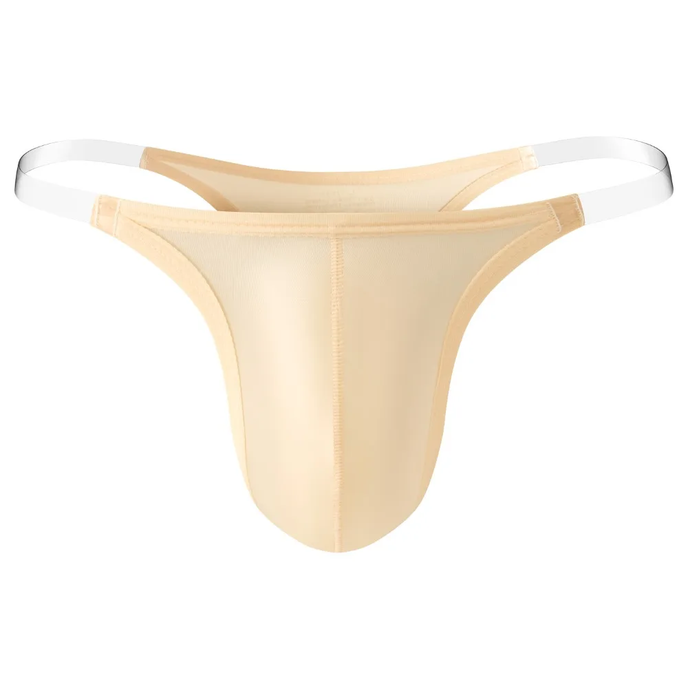 Glossy Smooth T-back Men Thong Lingerie Low Waist Bikini Satin Briefs Transparent Strap U Convex Pouch Triangle Panties Men