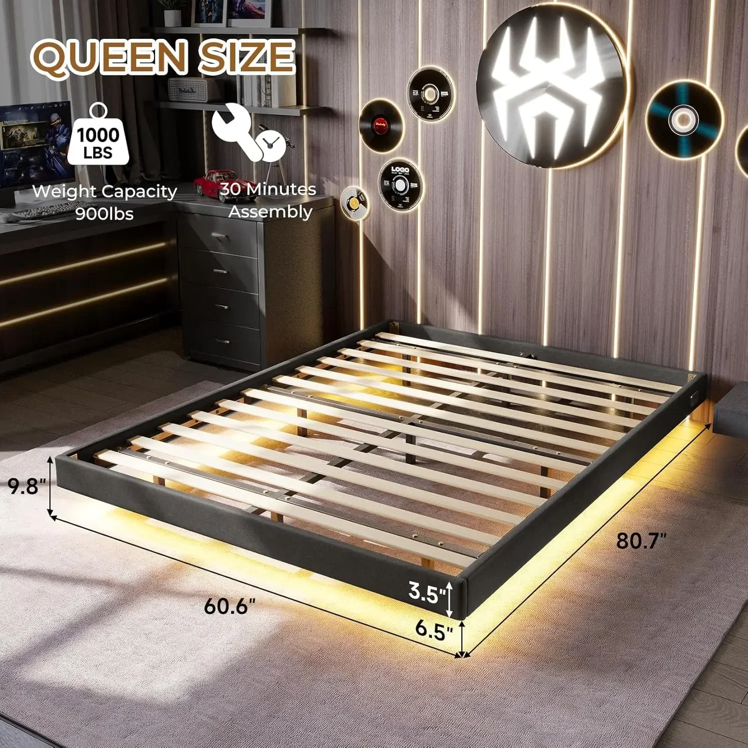 Floating Bed Frame Queen Size with RGB LED Lights and Type-C&USB Ports, Upholstered Platform Queen Bed with Wood Slats