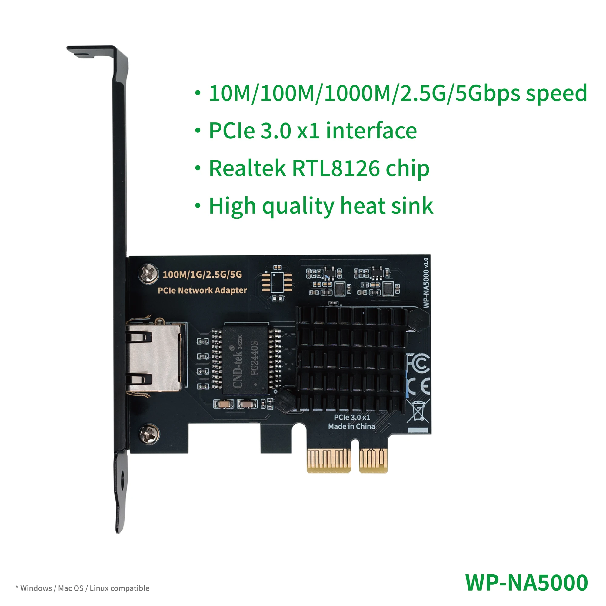 WisdPi PCIe 3,0x1 для 5G bE адаптер (WP-NA5000) Realtek RTL8126 проводное подключение к локальной сети, 2.5G, 1G, 100 Мбит/с