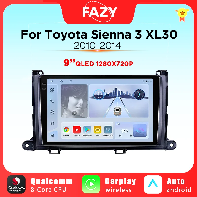 

Qualcomm 8 Core 8+256G Android 12 Wireless Carplay Car Radio For Toyota Sienna 3 XL30 2010-2014 GPS Stereo Multimedia Player DSP