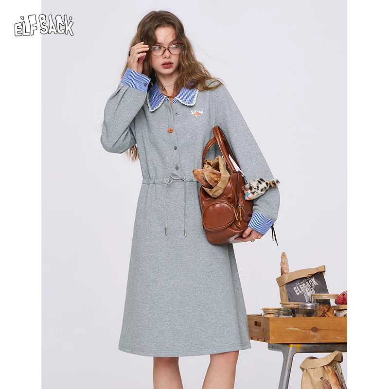 

ELFSACK 2025 Autumn New Arrival Elegant Lace Trim Peter Pan Collar Dress Grey Waist-Defined Miu Style For Woman