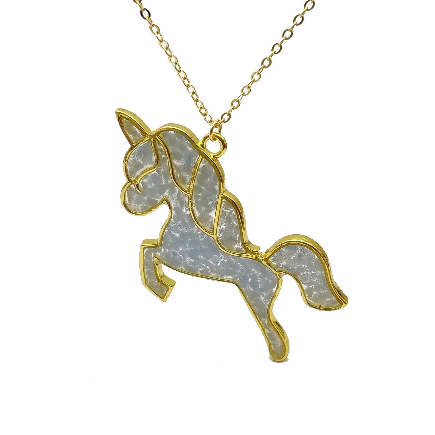 

Unicorn Pegasus Blue Glow in the Dark Gold Color Pendant Gold Color Chain Long Necklace Women Boho Fashion Jewelry Handmade