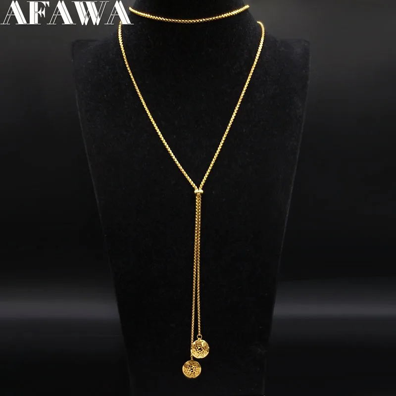 

Stainless Steel Long Necklaces Gold Color Round Flower Women Long Necklace Jewelry sautoir femme long acier inoxydable