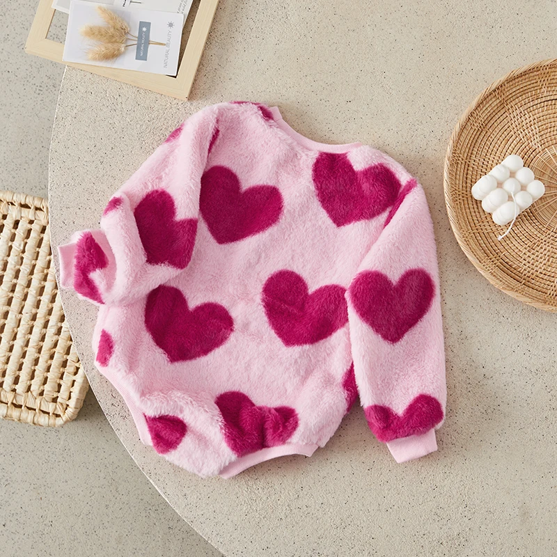 Suefunskry Baby Girls Fuzzy Romper Infant Sweet Heart Print Round Neck Long Sleeve Bodysuit Newborn Jumpsuit for Winter