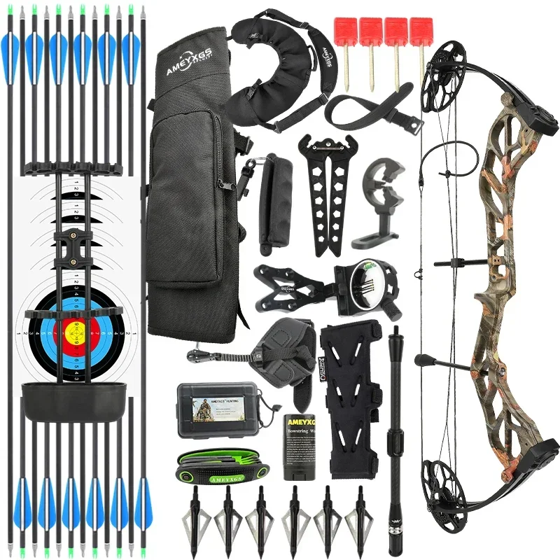 Archery Compound Bow Set 19‑70 Lbs Draw Weight 320 FPS Speed Aluminum Alloy Handle Dual Pulley Cam Right Hand Bow for Outdoor Hunting Shooting Sports