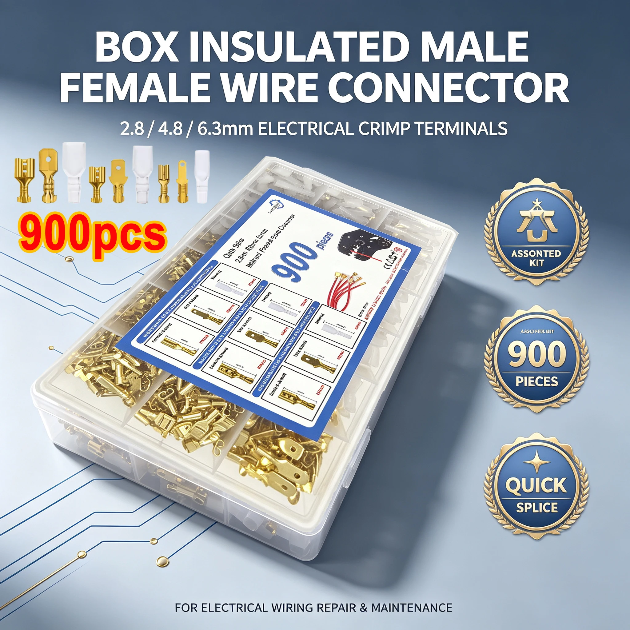 Box Insulated MaleFemale Wire Connector 2.8/4.8/6.3mm Electrical Crimp Terminal Termin Spade Connectors Assorted 900pcs Optional