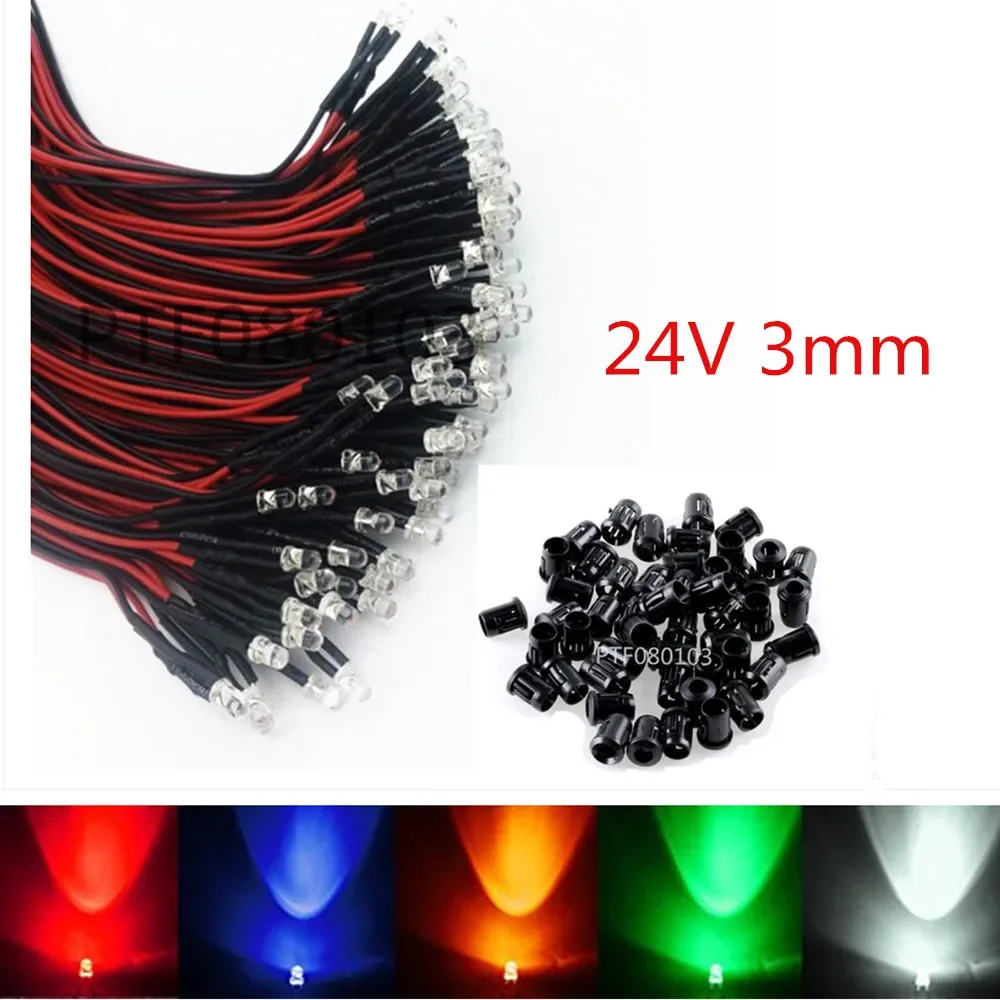 20pcs 50pcs 100pcs 24V DC 3mm/5mm Red/Green/Blue/RGB Round Pre-Wired Water Clear LED With Plastic Holder