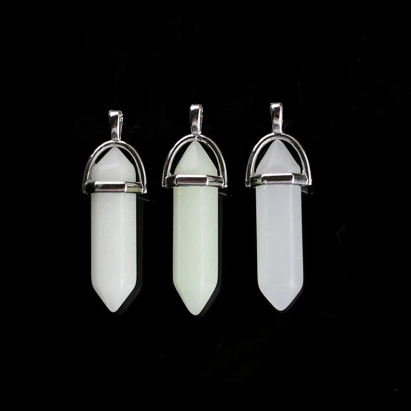 noctilucent glow stone necklace luminous stone fluorescent necklace hexagonal column crystal bullet stone leather necklace