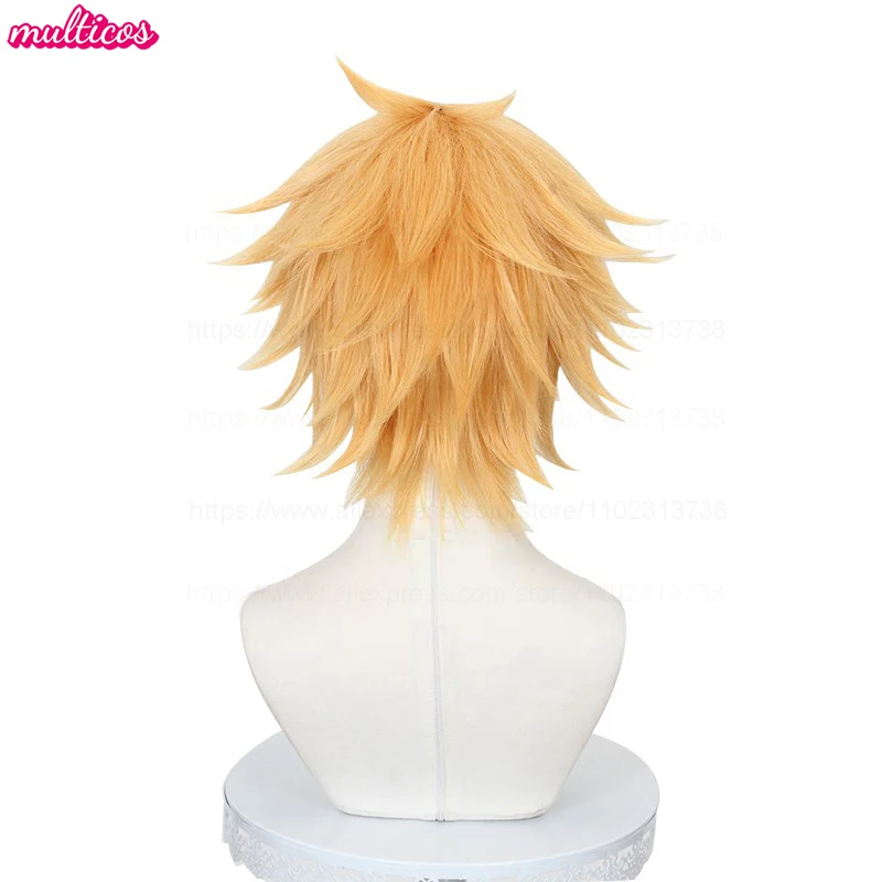 عالية الجودة Denji شعر مستعار تأثيري قصيرة الطبقات الذهبي مقاومة للحرارة الشعر الاصطناعية هالوين كرنفال أنيمي الباروكات + غطاء شعر مستعار #5