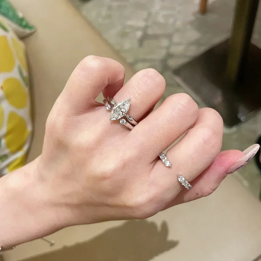 Certified Full Moissanite Wedding Bridal Rings Set for Women 925 Silver Marquise Cut Diamond Engagement Ring Eternity Band