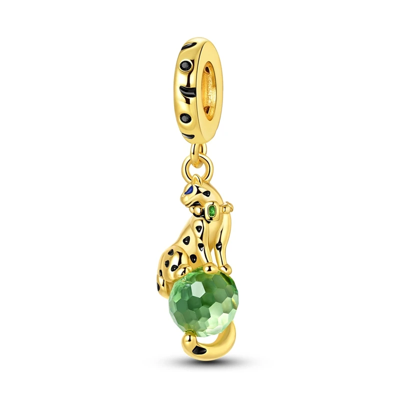 

925 Sterling Silver Classic Gold Leopard Charms Bead Shining CZ Zirconium Pendant Dangle Fit Original Bracelet DIY Women Jewelry