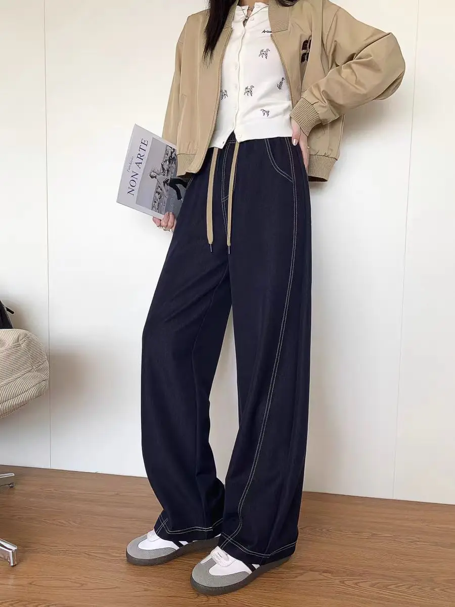 بنطلون جينز أزرق مستقيم الساق للنساء، مقاس كبير جديد، تصميم نحيف على شكل كمثرى، سروال واسع الساق بخصر عالٍ وطويل