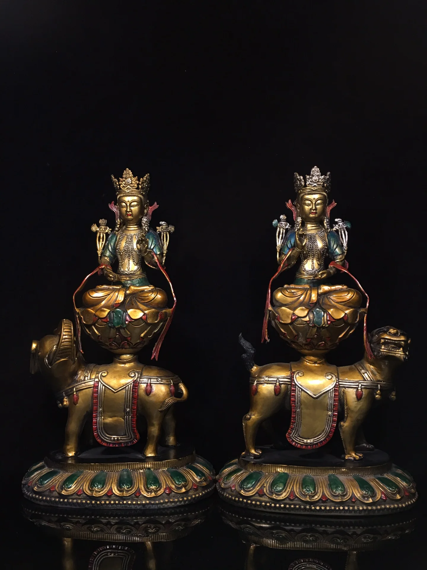 

18"Tibetan Temple Collection Old Bronze Painted Manjusri Samantabhadra Sitting God Beast Worship Hall Town house Exorcism