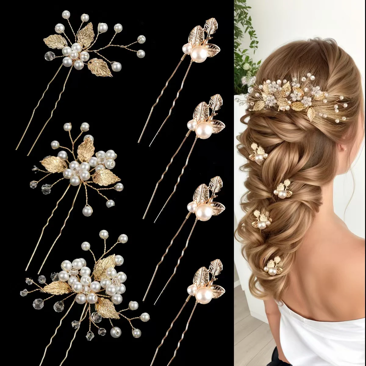 European and American Style Pearl Gold Leaf Hairpin, Elegant Forest-Style Daily Hairpin, Simple Wedding Hairpin Set