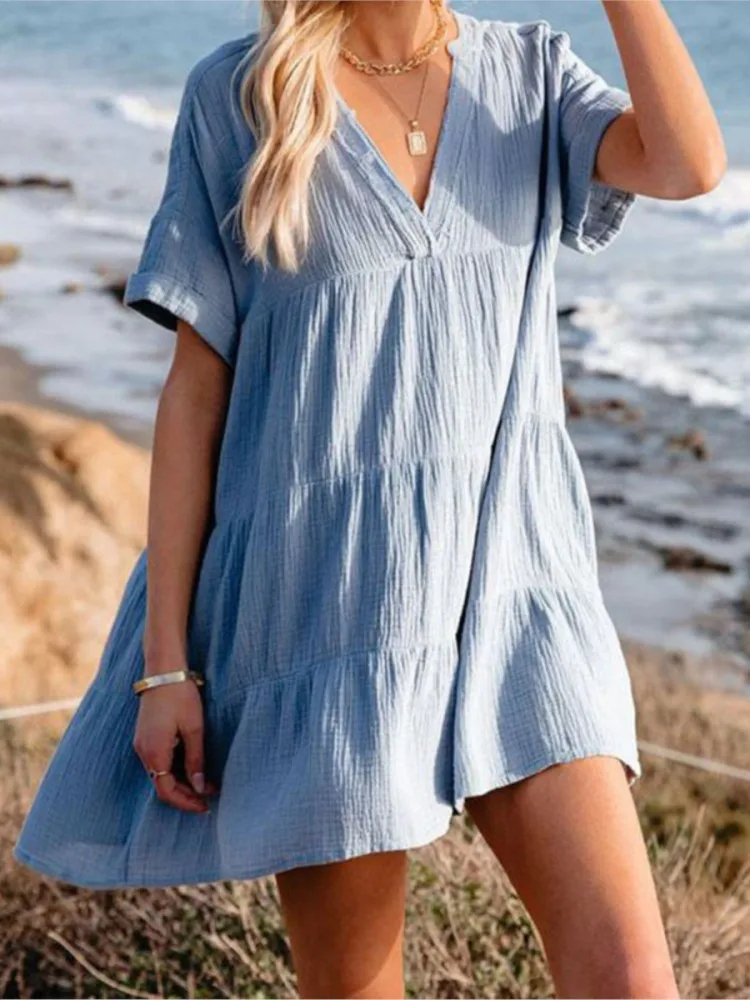 

2024women's New Retro Regular Style V-neck Cotton And Linen Loose Splicing Beach Casual A-line Dress Women's Fashion Short Skirt