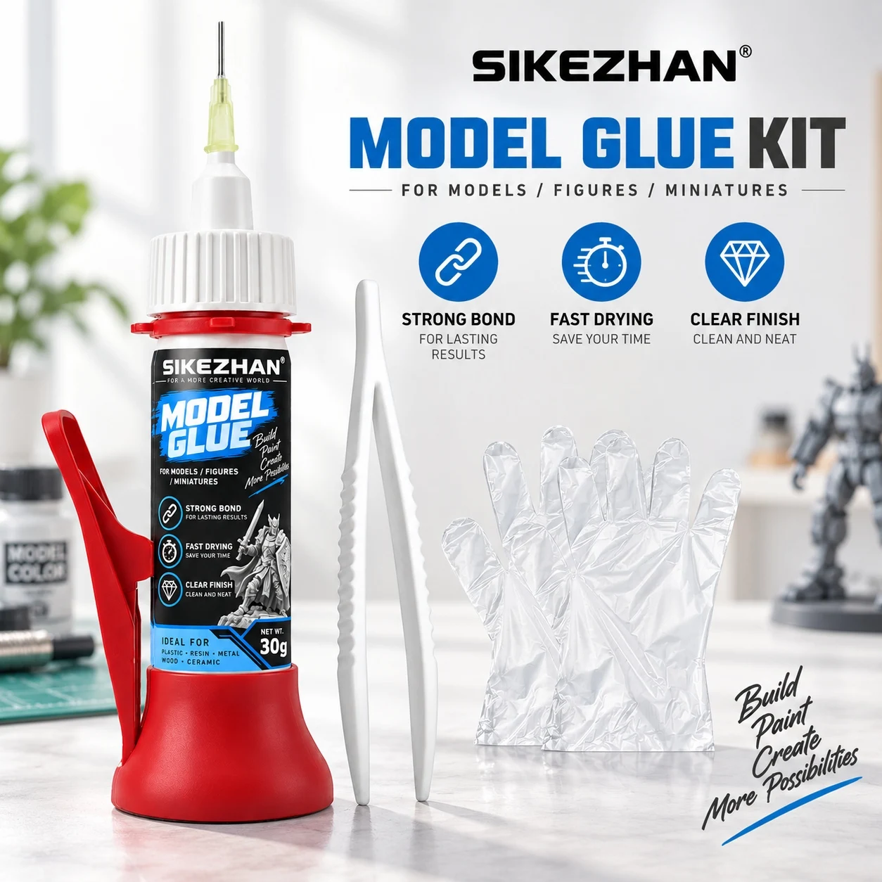 SIKEZHAN Model Glue 30g Precision Needle Adhesive Kit with Tweezers Gloves for Miniatures Figures Plastic Resin Metal Wood