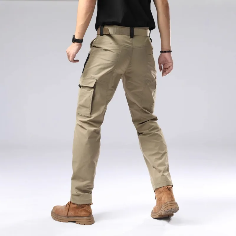 Men Straight Tactical Cargo Pants Loose Fit Color Block Splicing Multi Zipper Pockets Fabric For Hiking Trekking Outdoor Spring